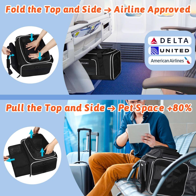 Petskd Top and Side Expandable Pet Carrier 18x11x11 Inches Delta United Airline Approved, Soft-Sided Carrier for Small Cats and Dogs with Locking Safety Zippers and Anti-Scratch Mesh(Black) - Image 2