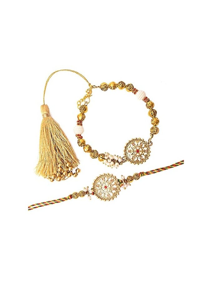 بازار الكاميرا راكشا باندان - راخي يدوية مصنوعة من اللؤلؤ الأنتيك مع عبوة من رولي وتشوال - مجموعة من راخيين للأخ والباهبي. - Image 1