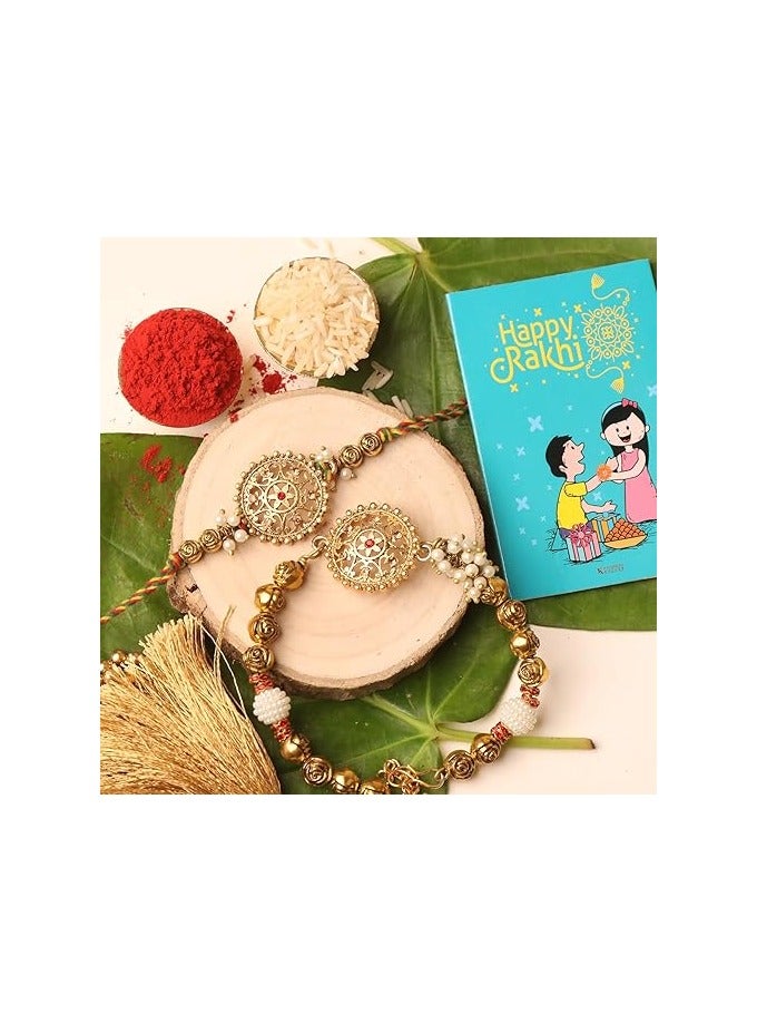 بازار الكاميرا راكشا باندان - راخي يدوية مصنوعة من اللؤلؤ الأنتيك مع عبوة من رولي وتشوال - مجموعة من راخيين للأخ والباهبي. - Image 2