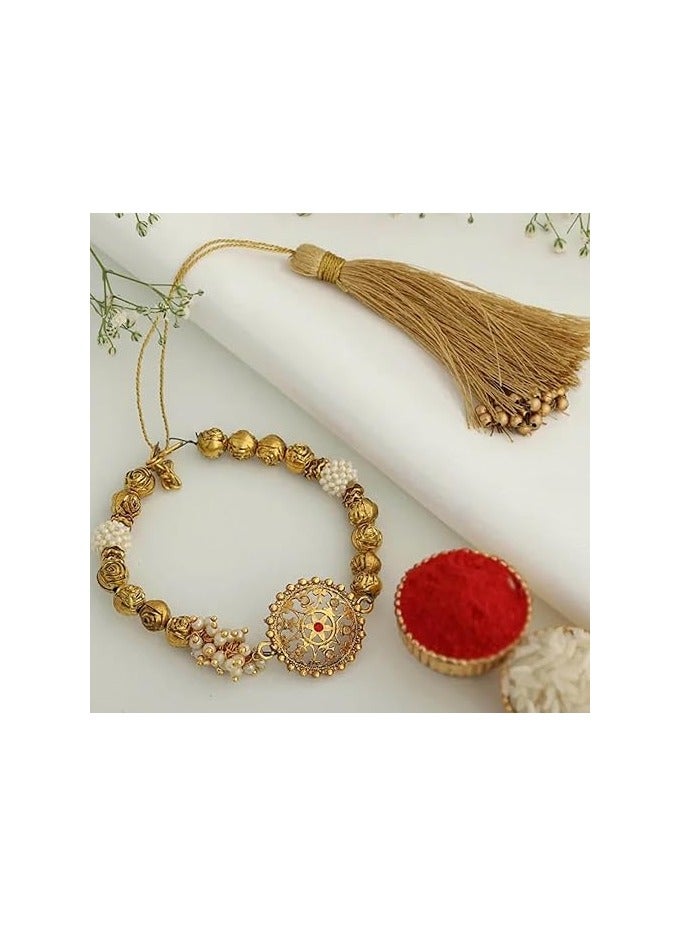 بازار الكاميرا راكشا باندان - راخي يدوية مصنوعة من اللؤلؤ الأنتيك مع عبوة من رولي وتشوال - مجموعة من راخيين للأخ والباهبي. - Image 3