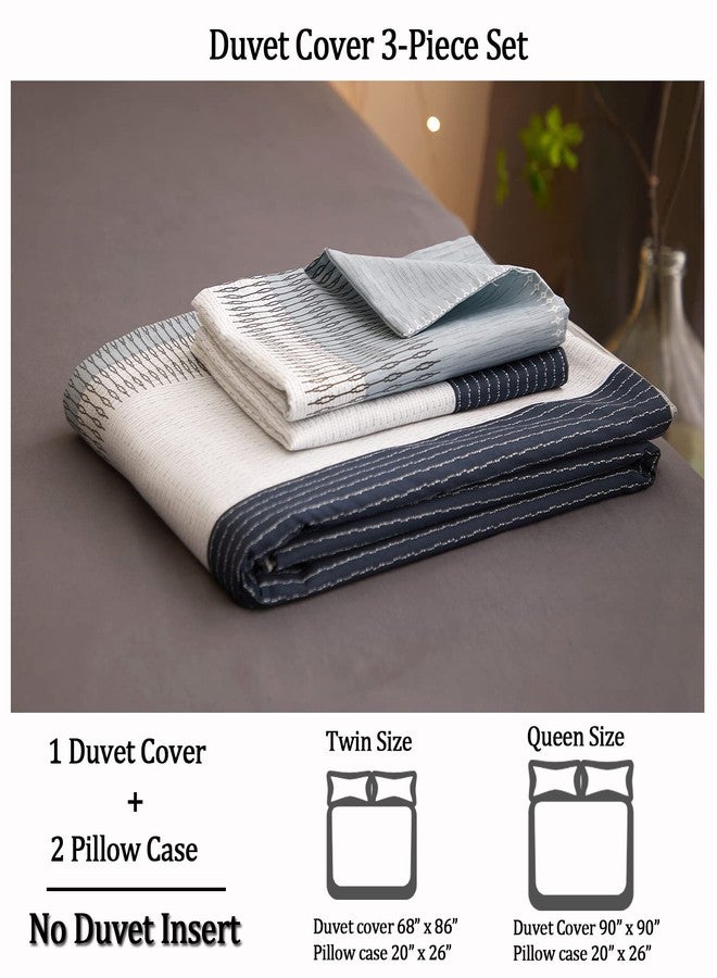 DREAMINGO King Striped Bedding Set Cotton Boys Duvet Cover Set Modern Aesthetic Room Decor Blue Grey Stripes Reversible Geometric Comforter Cover with Zipper Closure - Image 2