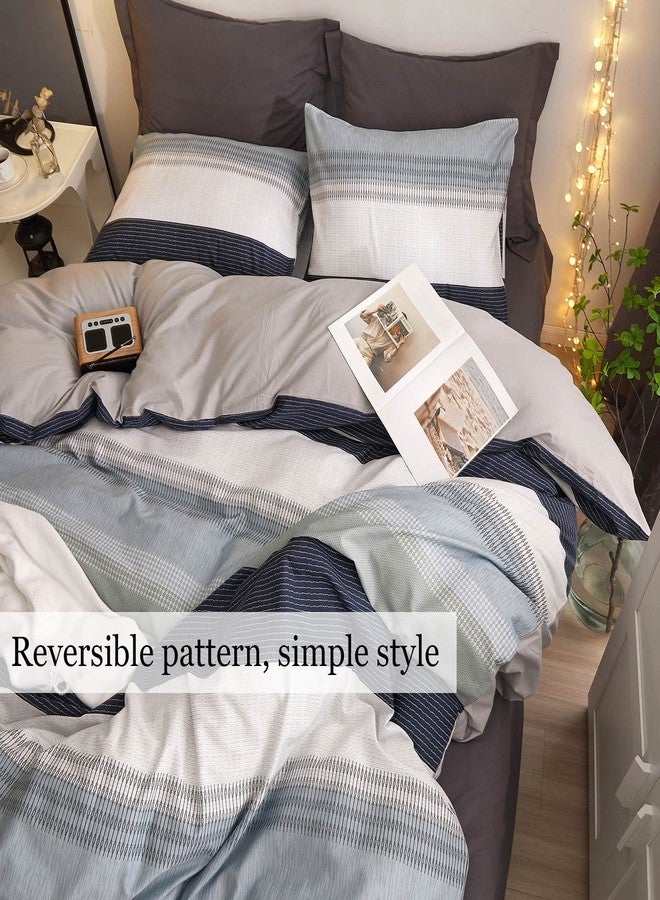 DREAMINGO King Striped Bedding Set Cotton Boys Duvet Cover Set Modern Aesthetic Room Decor Blue Grey Stripes Reversible Geometric Comforter Cover with Zipper Closure - Image 5