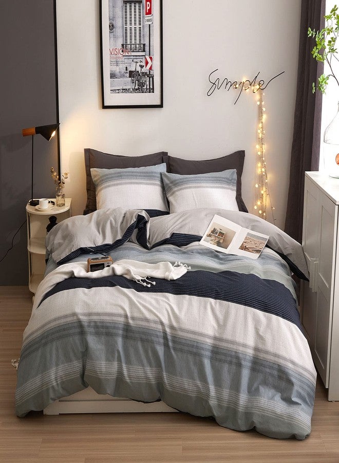 DREAMINGO King Striped Bedding Set Cotton Boys Duvet Cover Set Modern Aesthetic Room Decor Blue Grey Stripes Reversible Geometric Comforter Cover with Zipper Closure - Image 1