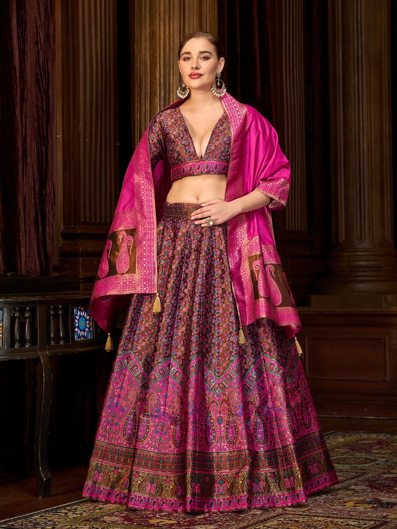 PURVAJA Women's Kanjiwaram Semi-Stitched Lehenga choli (Nadira-Brown_Free Size) - Image 4