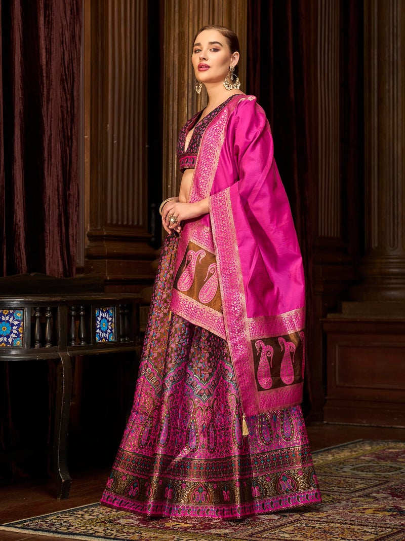 PURVAJA Women's Kanjiwaram Semi-Stitched Lehenga choli (Nadira-Brown_Free Size) - Image 2