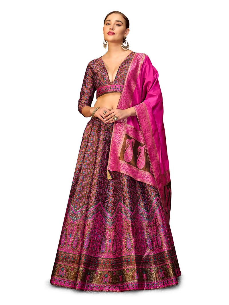 PURVAJA Women's Kanjiwaram Semi-Stitched Lehenga choli (Nadira-Brown_Free Size) - Image 1