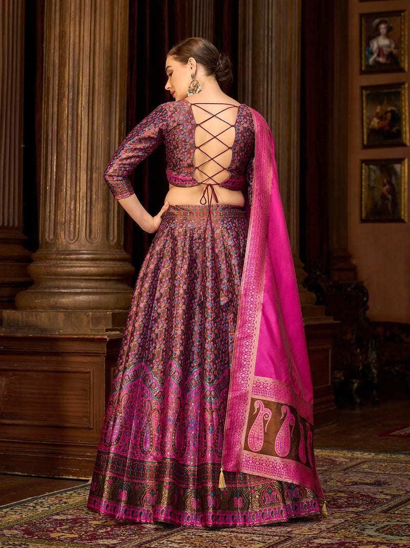 PURVAJA Women's Kanjiwaram Semi-Stitched Lehenga choli (Nadira-Brown_Free Size) - Image 3