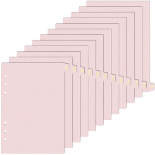 Koqye Leather Textured A5 Paper Card Dividers 6 Holes Ring Index Page Tab Divider for Travel Diary Binder Notebooks Journal Plan (12 Monthly Tabs - Pink) - Image 1