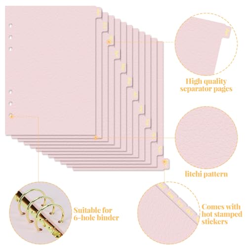Koqye Leather Textured A5 Paper Card Dividers 6 Holes Ring Index Page Tab Divider for Travel Diary Binder Notebooks Journal Plan (12 Monthly Tabs - Pink) - Image 2