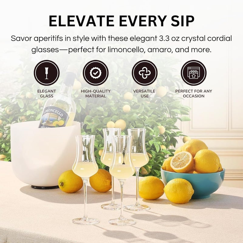 Khen Crystal Limoncello Cordial Glasses | 4 Set | Tall 3.3 oz Long Stemmed Spirit Glassware for Sipping Aromatic Liquor, After Dinner Drink, Digestivem Aperitif, Elegant Cordial Tulip Shaped Stemware - Image 2