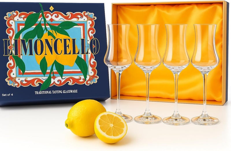 Khen Crystal Limoncello Cordial Glasses | 4 Set | Tall 3.3 oz Long Stemmed Spirit Glassware for Sipping Aromatic Liquor, After Dinner Drink, Digestivem Aperitif, Elegant Cordial Tulip Shaped Stemware - Image 1