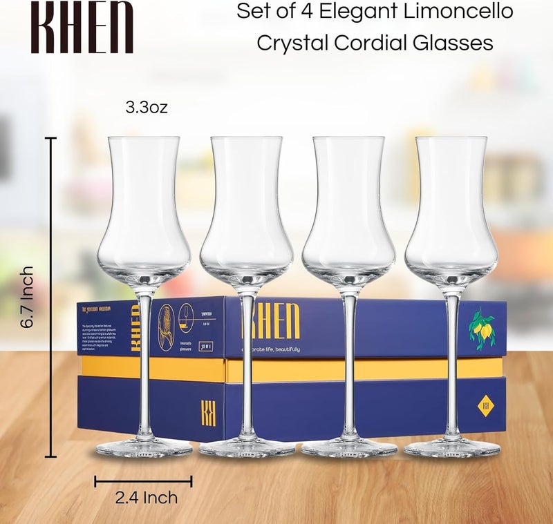 Khen Crystal Limoncello Cordial Glasses | 4 Set | Tall 3.3 oz Long Stemmed Spirit Glassware for Sipping Aromatic Liquor, After Dinner Drink, Digestivem Aperitif, Elegant Cordial Tulip Shaped Stemware - Image 4