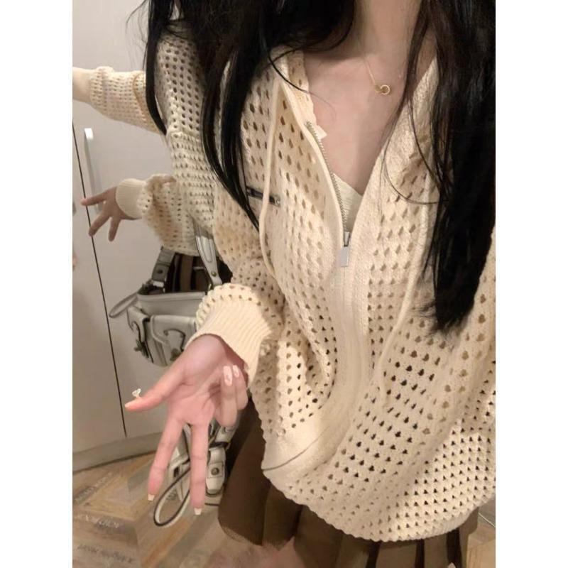Hollow Design Hooded Outer Thin Jacket Korean Style Spring and Summer Lazy Sweatshirt Zipper Knitted Cardigan Top for Women White suspender belt - Image 2