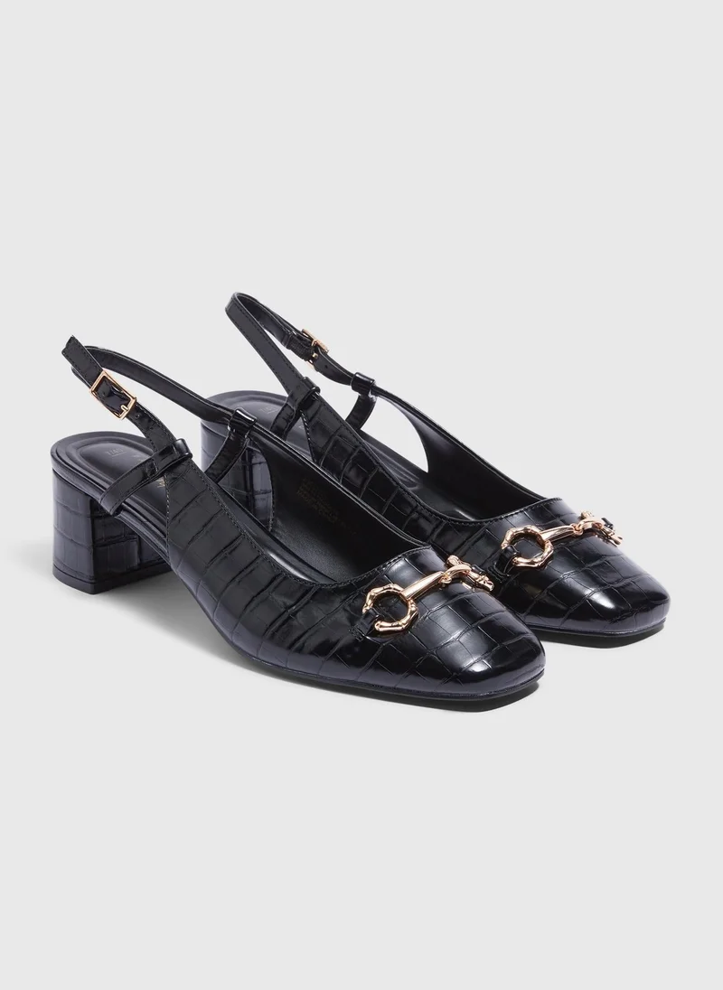 Matalan Black Croc Buckle Block Sling Back Heels