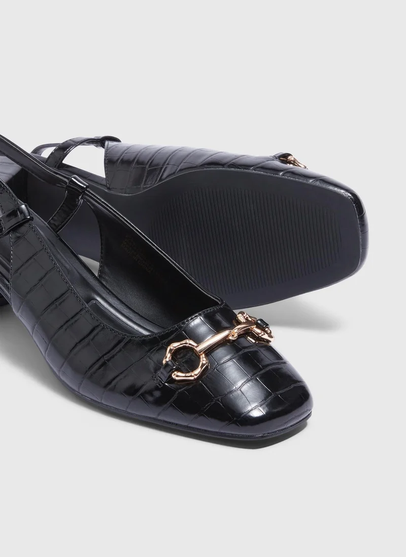 Matalan Black Croc Buckle Block Sling Back Heels