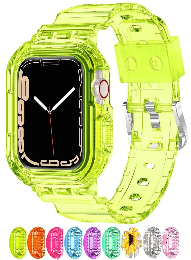 XYF Compatible for Crystal Clear Apple Watch Bands, 46mm Series 10 Bumper Case for Men Women Jelly Sport Cover Strap for iWatch Ultra 2/1 Series 10 9 8 7 SE 6 5 4 3 2 1 (Neon Yellow, 46) - Image 1
