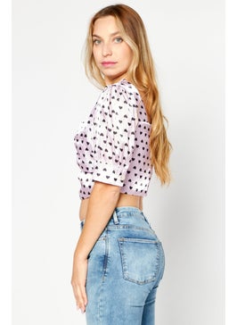 Collective The Label Women Petite Square Short Sleeve Allover Print Crop Top, Lilac  - Image 3