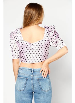 Collective The Label Women Petite Square Short Sleeve Allover Print Crop Top, Lilac  - Image 2