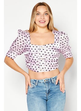 Collective The Label Women Petite Square Short Sleeve Allover Print Crop Top, Lilac  - Image 1