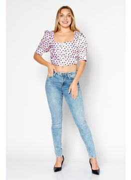 Collective The Label Women Petite Square Short Sleeve Allover Print Crop Top, Lilac  - Image 4