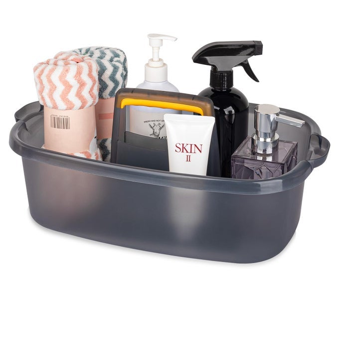 LARGE CLEANING SUPPLIES CADDY PORTABLE SHOWER BASKET SUPPLY ORGANIZER WITH HANDLE PLASTIC BUCKET TOOL STORAGE FOR BATHROOM BEDROOM KITCHEN COLLEGE DORM GARDEN CLEAR GREY