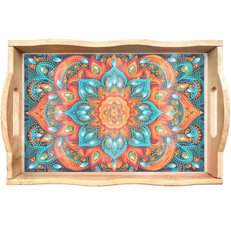 EWJRNSF Diamond Painting Wooden Serving Trays Wooden Tray with Handles - Great for Dinner Trays Tea Tray Breakfast Tray or Any Food Tray - Good for Parties or Bed Food Tray - 7.8x11.8inch（Mandala） - Image 1