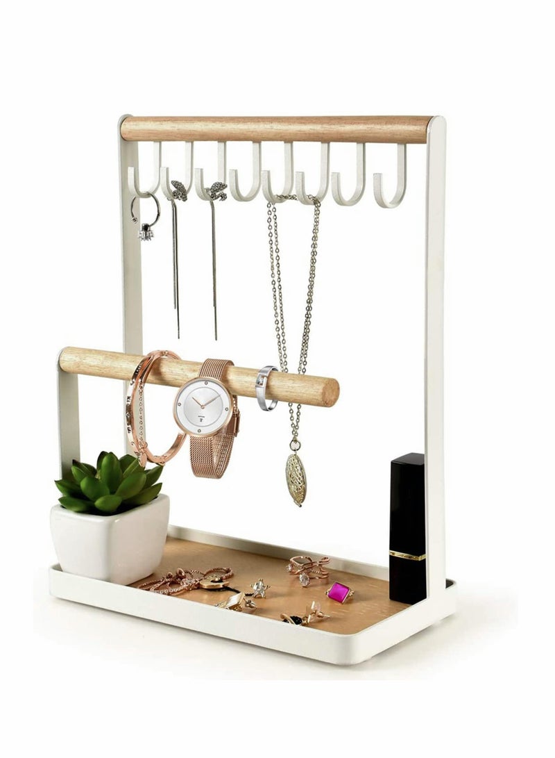 Excefore Jewelry Organizer Necklace Stand Holder, 4-Tier Hanging Wooden Ring Earring Tray, 8 Hooks Necklaces Storage 12 Earring holes, Bracelets, Rings & Watches Display On Desk Tabletop - White - Image 1
