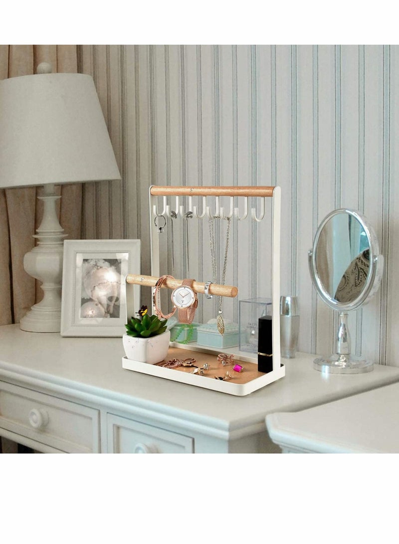 Excefore Jewelry Organizer Necklace Stand Holder, 4-Tier Hanging Wooden Ring Earring Tray, 8 Hooks Necklaces Storage 12 Earring holes, Bracelets, Rings & Watches Display On Desk Tabletop - White - Image 5