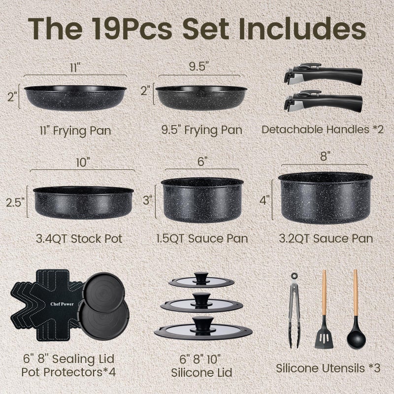 Chef Power Ceramic Nonstick Cookware Set 19 Piece with Detachable Handle, Induction Dishwasher Oven Safe Pans and Pots Set, RV Kitchen Set Removable Handle, Rock Stone Black - Image 2