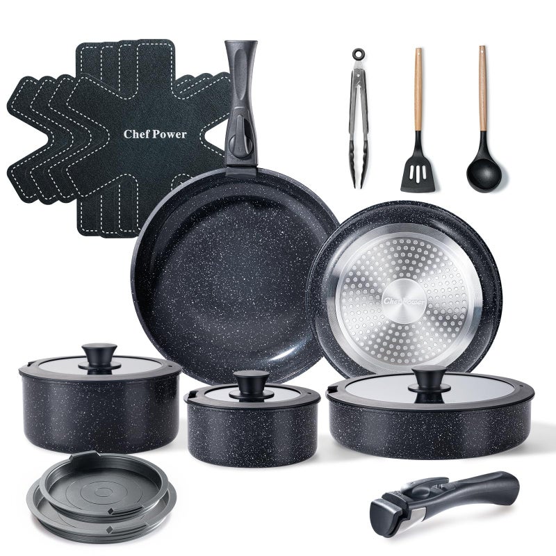 Chef Power Ceramic Nonstick Cookware Set 19 Piece with Detachable Handle, Induction Dishwasher Oven Safe Pans and Pots Set, RV Kitchen Set Removable Handle, Rock Stone Black - Image 1