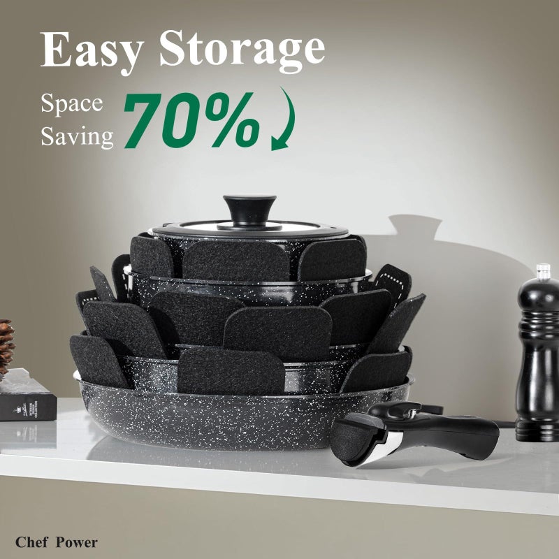 Chef Power Ceramic Nonstick Cookware Set 19 Piece with Detachable Handle, Induction Dishwasher Oven Safe Pans and Pots Set, RV Kitchen Set Removable Handle, Rock Stone Black - Image 3