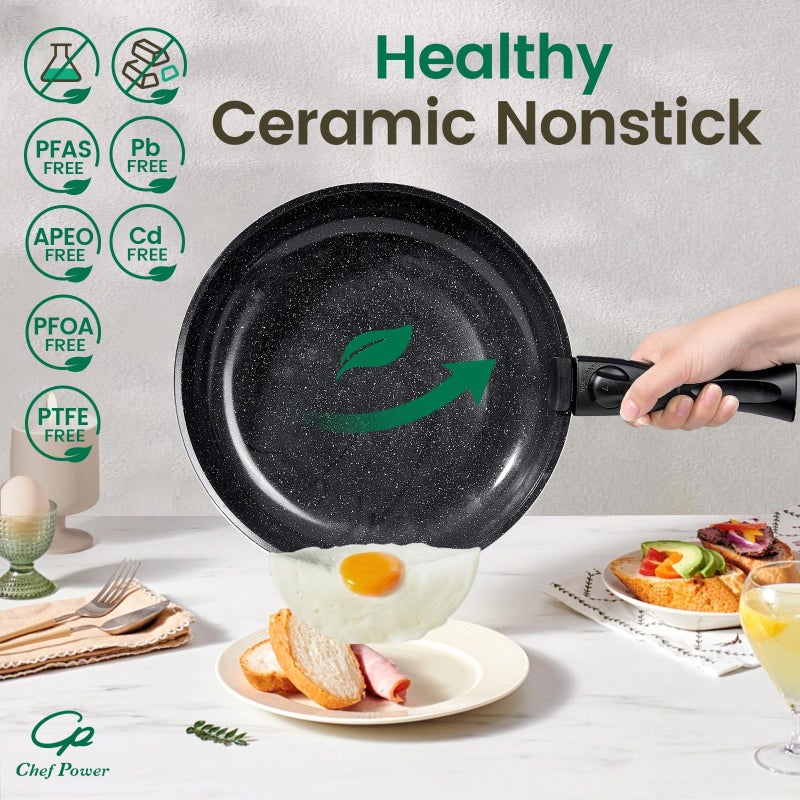 Chef Power Ceramic Nonstick Cookware Set 19 Piece with Detachable Handle, Induction Dishwasher Oven Safe Pans and Pots Set, RV Kitchen Set Removable Handle, Rock Stone Black - Image 4