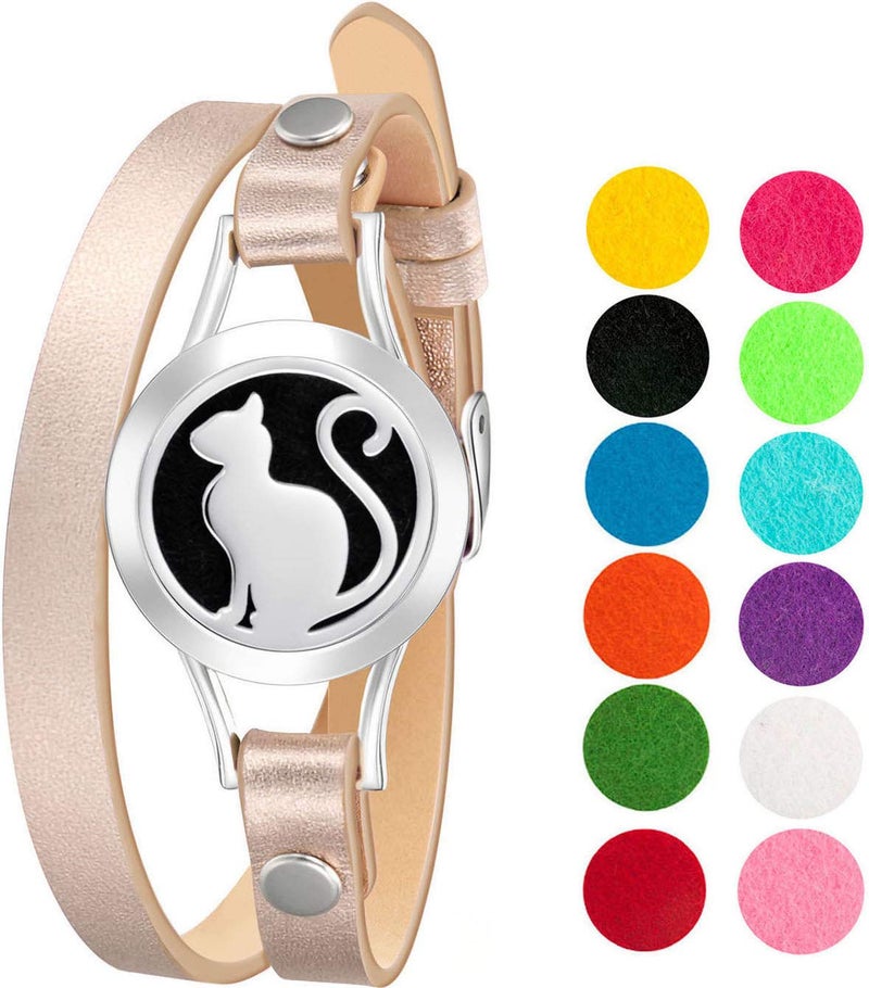 mEssentials Wild Essentials Pretty Kitty Cat Essential Oil Bracelet Diffuser Leather Wrap Band Stainless Steel Locket Pendant 12 Color Refill Pads Customizable Color Changing Perfume Jewelry for Aromatherapy