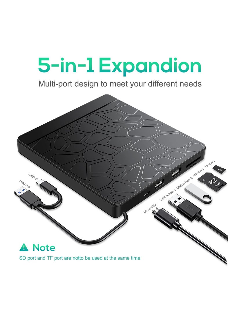 External DVD Drive, External CD DVD Drive for laptop Windows 11 10, USB 3.0 and Type-C Portable CD DVD +/-RW ROM Drive Reader Burner Rewriter with SD TF Slot & USB Ports, Slim DVD/CD Player (Black) - Image 2