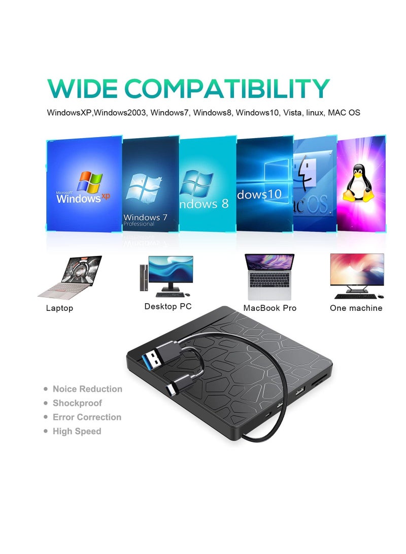 External DVD Drive, External CD DVD Drive for laptop Windows 11 10, USB 3.0 and Type-C Portable CD DVD +/-RW ROM Drive Reader Burner Rewriter with SD TF Slot & USB Ports, Slim DVD/CD Player (Black) - Image 3