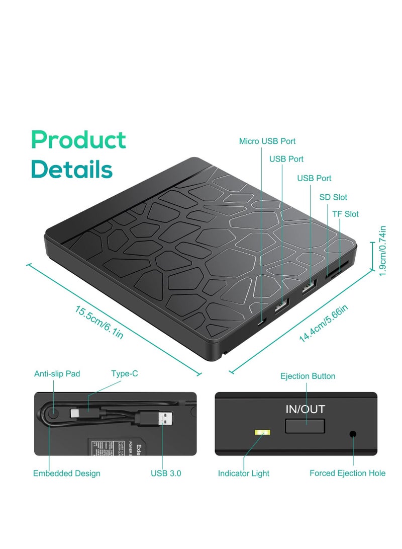 External DVD Drive, External CD DVD Drive for laptop Windows 11 10, USB 3.0 and Type-C Portable CD DVD +/-RW ROM Drive Reader Burner Rewriter with SD TF Slot & USB Ports, Slim DVD/CD Player (Black) - Image 5