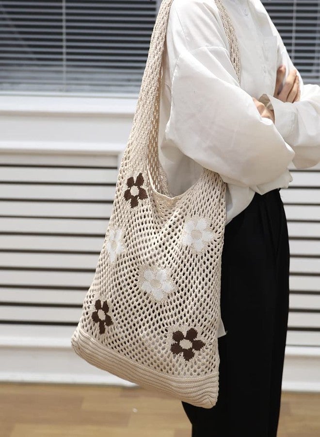 ENBEI Crochet Tote Beach Bag for Women with 6 Flower Pattern, Aesthetic Boho Large Bag, Foldable & Lightweight, Perfect for Beach, Travel, Daily Use & Gift - Image 2