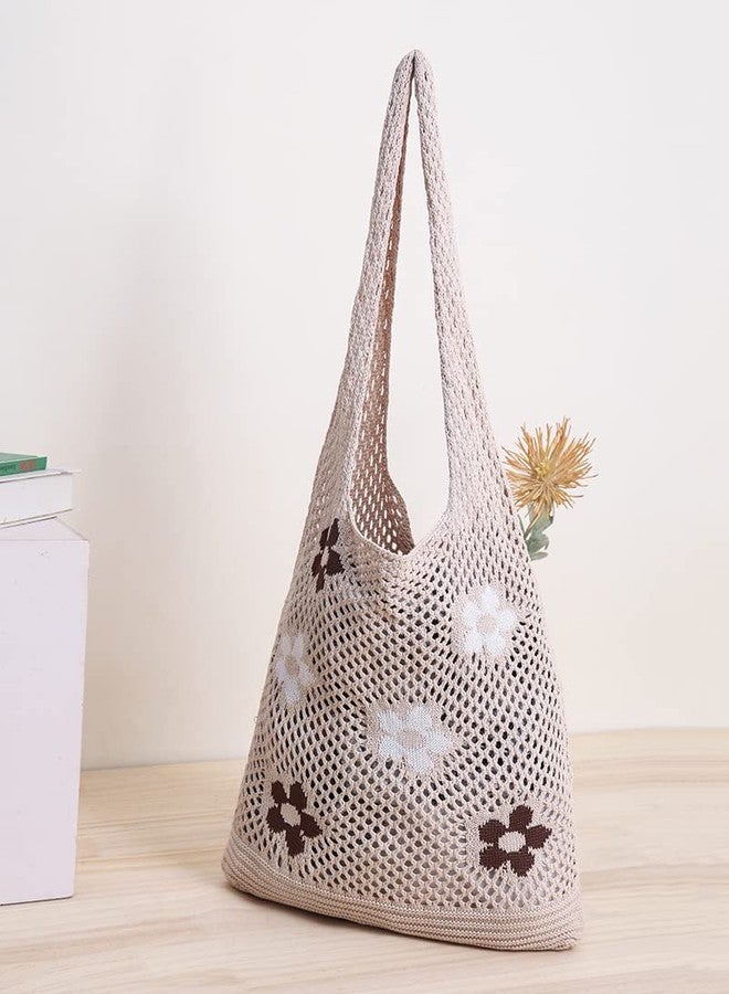 ENBEI Crochet Tote Beach Bag for Women with 6 Flower Pattern, Aesthetic Boho Large Bag, Foldable & Lightweight, Perfect for Beach, Travel, Daily Use & Gift - Image 3