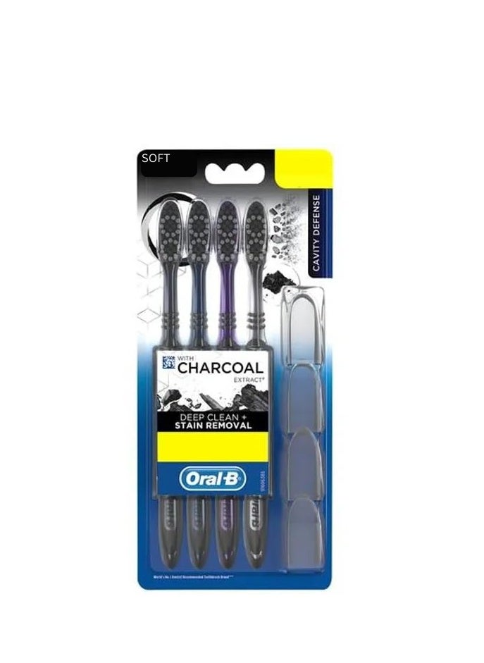 Oral-B Oral-B Cavity Defence Deep Clean + Whiter Teeth  Toothbrush with Charcoal Extract Hygienic Head Caps, Soft, multicolor  Pack of 4 