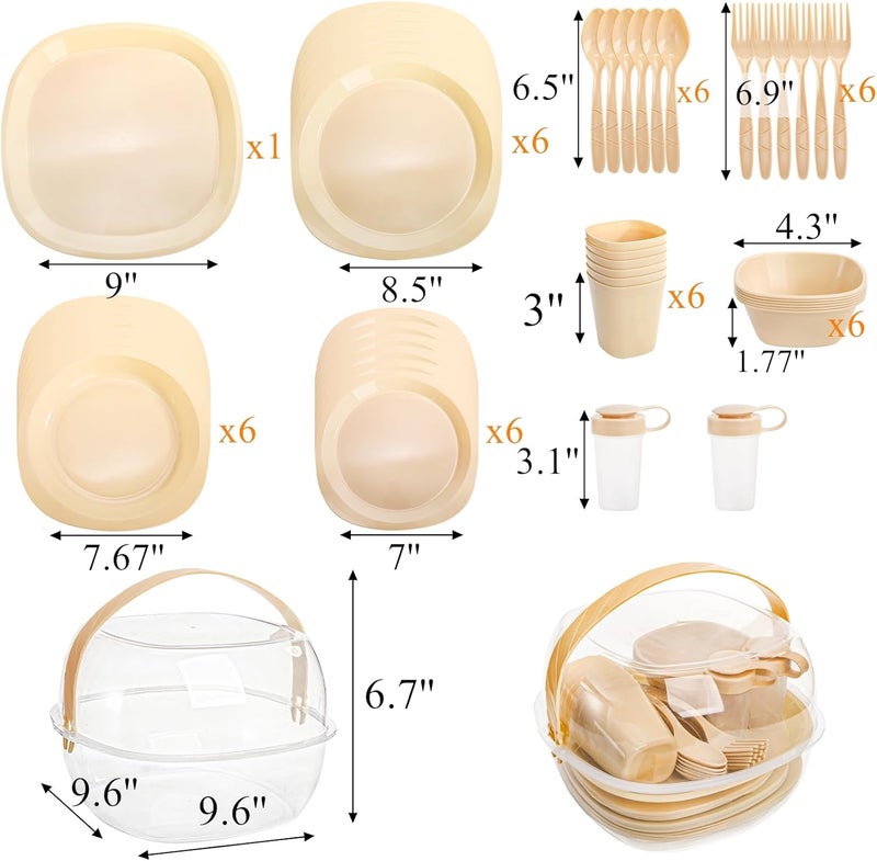 Tebery مجموعة أدوات تناول الطعام للتخييم من تيبيري 46 قطعة لـ 6 أشخاص، مجموعة صحون وأوعية بلاستيكية قابلة لإعادة الاستخدام، شوكة، ملعقة، مجموعة بهارات مع سلة، أدوات مائدة من الدرجة الغذائية للنزهات، مجموعة أدوات تناول الطعام للحفلات الخارجية والسفر والشواء - Image 2