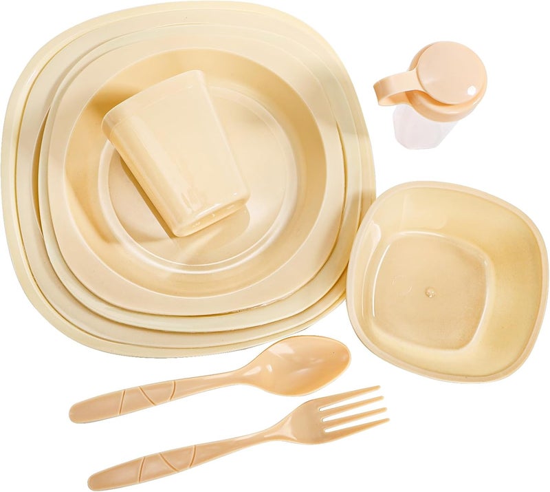 Tebery مجموعة أدوات تناول الطعام للتخييم من تيبيري 46 قطعة لـ 6 أشخاص، مجموعة صحون وأوعية بلاستيكية قابلة لإعادة الاستخدام، شوكة، ملعقة، مجموعة بهارات مع سلة، أدوات مائدة من الدرجة الغذائية للنزهات، مجموعة أدوات تناول الطعام للحفلات الخارجية والسفر والشواء - Image 3