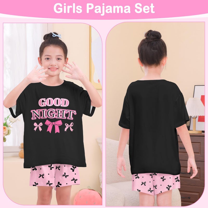 Play Tailor Girls Pajamas for Kids Summer Pjs for Girl Pajama Sets 2Pcs Short Sleeve Top Sleepwear for Teen 8-15, Black(Shirt & Short Set), 14-15Y - Image 5