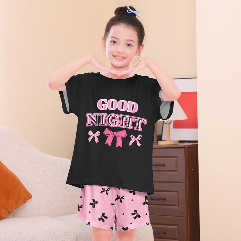 Play Tailor Girls Pajamas for Kids Summer Pjs for Girl Pajama Sets 2Pcs Short Sleeve Top Sleepwear for Teen 8-15, Black(Shirt & Short Set), 14-15Y - Image 2