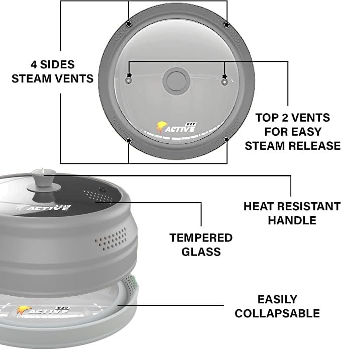 Ezy Active Collapsible Microwave Cover for Food - Silicone and Glass Splatter Guard Lid for 6-12 inch Plates & Bowls, Dishwasher Safe, Heat Resistant, BPA-Free, Gray - Image 3