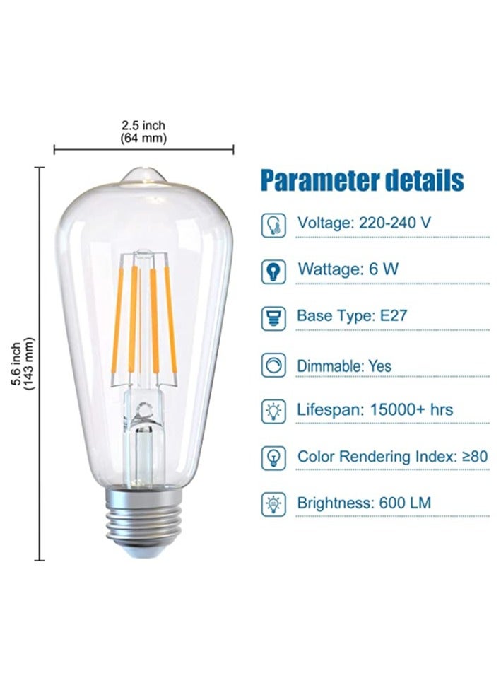 E27 LED Bulb, 6W Non-Dimmable Energy Saving Light, 6500K Vintage Edison Style Clear Glass, 60W Incandescent Replacement for Home Pendant Lighting, Retro Design (Pack of 4) - Image 2