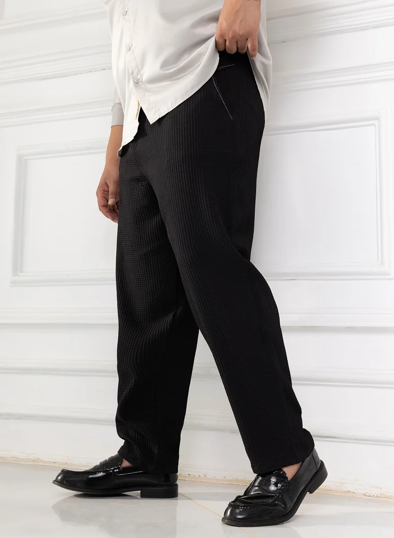 Instafab Plus  Instafab Plus Men's Onyx Black Textured Graph Check Trousers For Casual Wear | Mid-Rise | Regular Fit | Hook & Zip Closure | Plus Size Trousers Crafted With Comfort Fit For Everyday Wear for Men | Best Price UAE