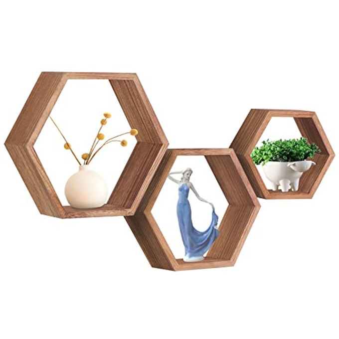 PHOENANCEE Hexagon Floating Shelves,Honeycomb Shelf,Wall Mounted Rustic Wood Octagon Storage Shelves Set of 3 for Living Room Bedroom Bathroom Office Hexagonal Decor(Carbonized Black) - Image 1