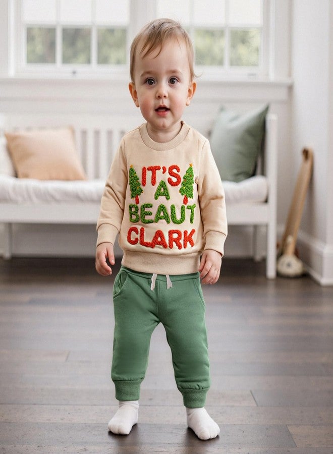 Muspeczenith Toddler Baby Boy Christmas Outfits It's A Beaut Clark Sweatshirt Jogger Pants Set Infant Fall Winter Clothes (Khaki, 6-12 Months) - Image 2