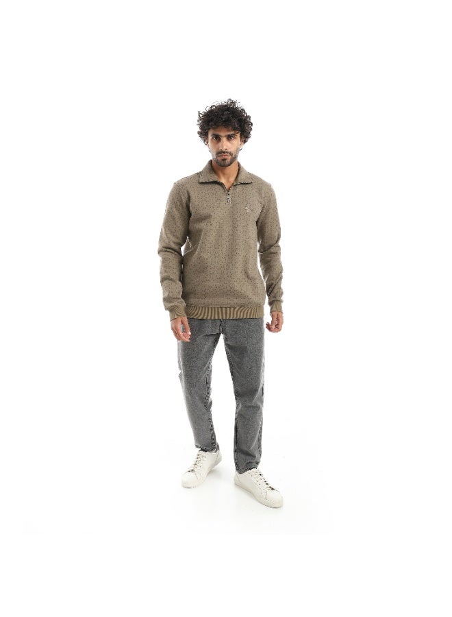 Pavone Self Pattern Zip Through Neck Sweatshirt - Taupe - Image 5
