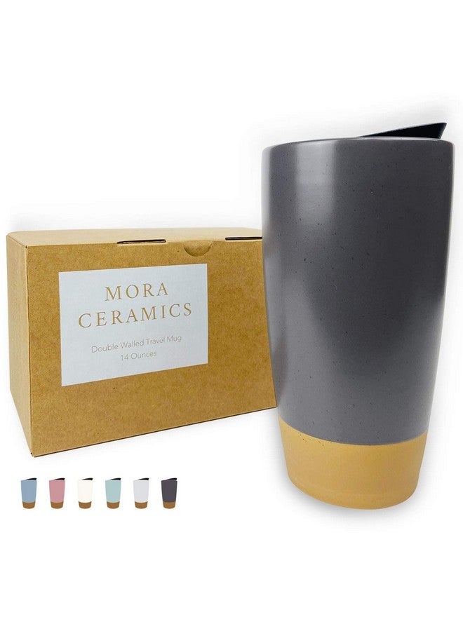 Mora Double Wall Ceramic Coffee Travel Mug with Lid, 14 oz, Portable, Microwave, Dishwasher Safe, Insulated Reusable Tall Cup, Splash Resistant Lid - To Go Tumbler for Car Cup Holder, Nightwaves - Image 1